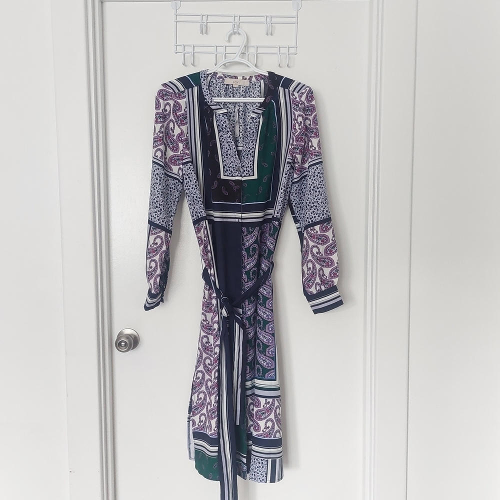 LOFT Long Sleeve Patchwork Dress - Purple, Green, Navy - Picture 2 of 4